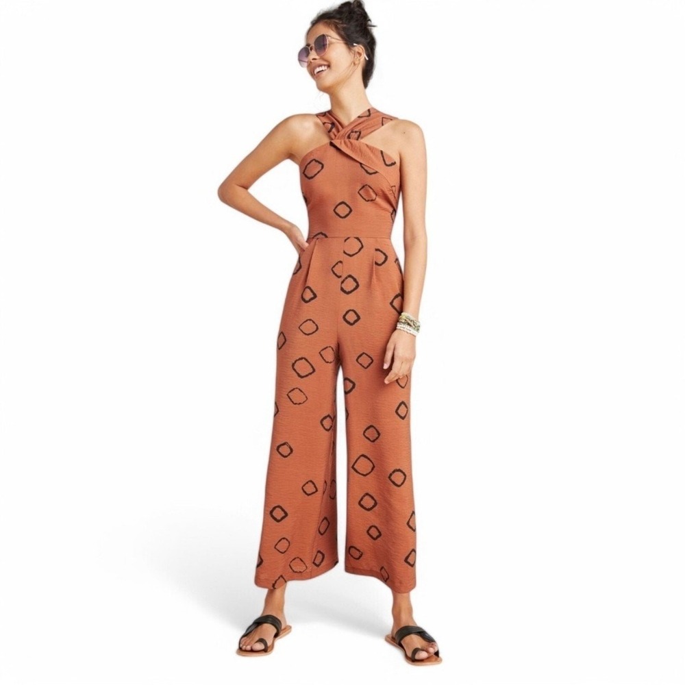 Eva Franco Anthropologie Rust Geometric Print Halter Wide Leg Jumpsuit Size 0